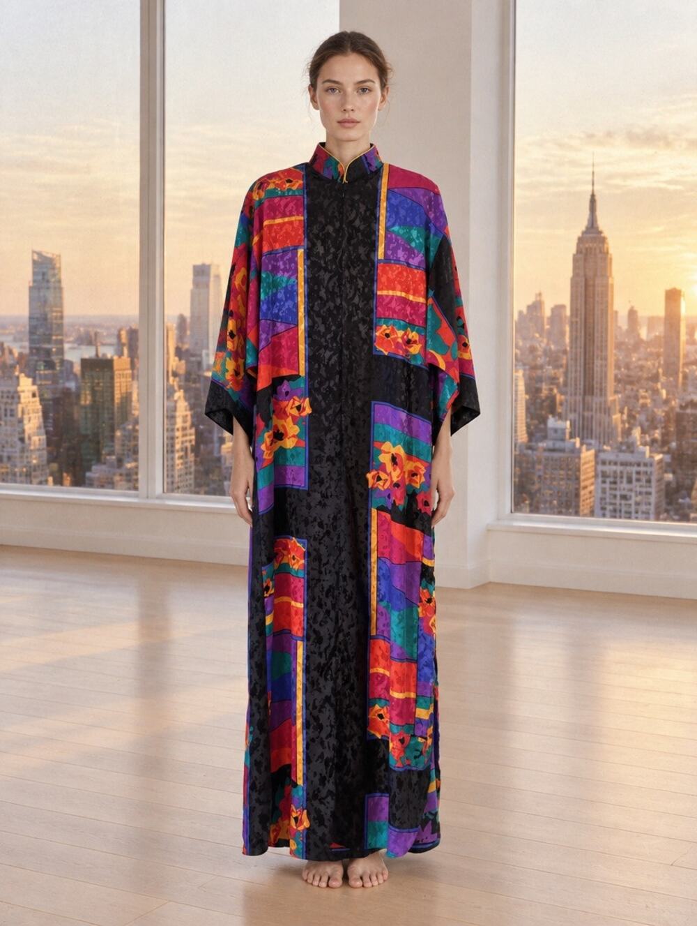 RUTH NORMAN black burnout velvet floral zip front caftan robe
